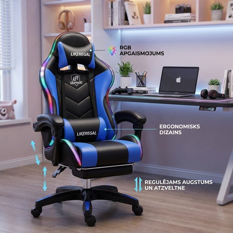 Ergonomisks datorkrēsls zils PU āda RGB masāža kāju balsts 115kg