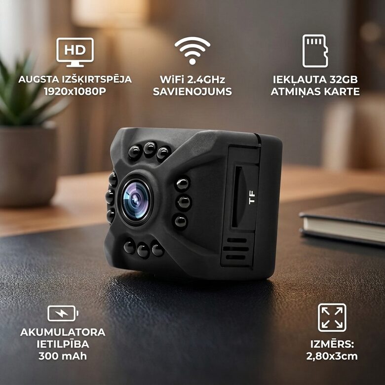 Mini Wifi IP bezvadu kamera (1080P HD, ieraksts, skaņa, nakts redzamība)