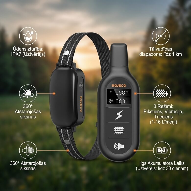 Suņu dresūras siksna (1km) ar elektro impulsu, skaņas signālu un vibrāciju, uzlādējama un mitrumizturīga