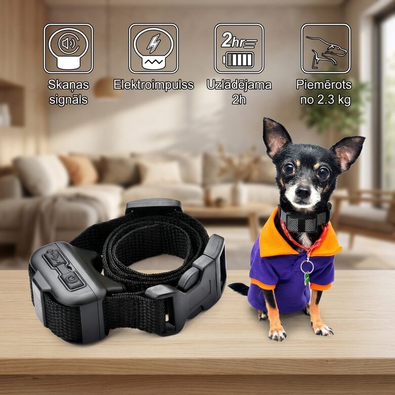 Mazo suņu pretriešanas kakla siksna (ultraskaņa, vibrācija, elektroimpulss), ūdens izturīga, antilaj