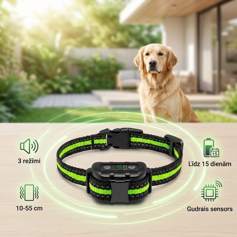 Suņu pretriešanas kakla siksna (3 in 1 - skaņas signāls, vibrācija, elektroimpulss), antilaj