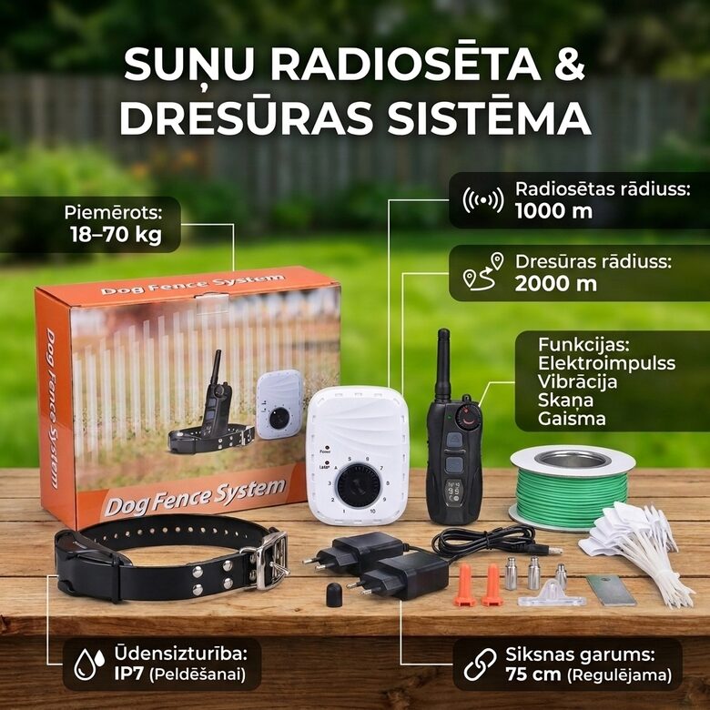 Suņu radiosēta (1000m) ar dresūras - treniņsiksnu (2000m) ūdens izturīga (var peldēt) ar elektro impulsu, vibro, skaņu, gaismas signālu un pulti ar LCD ekrānu