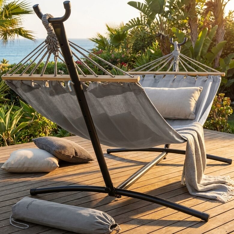 Ērts Šūpuļtīkls ar Statīvu – Ideāls Atpūtai Dārzā vai Terasē 270x128x256 cm