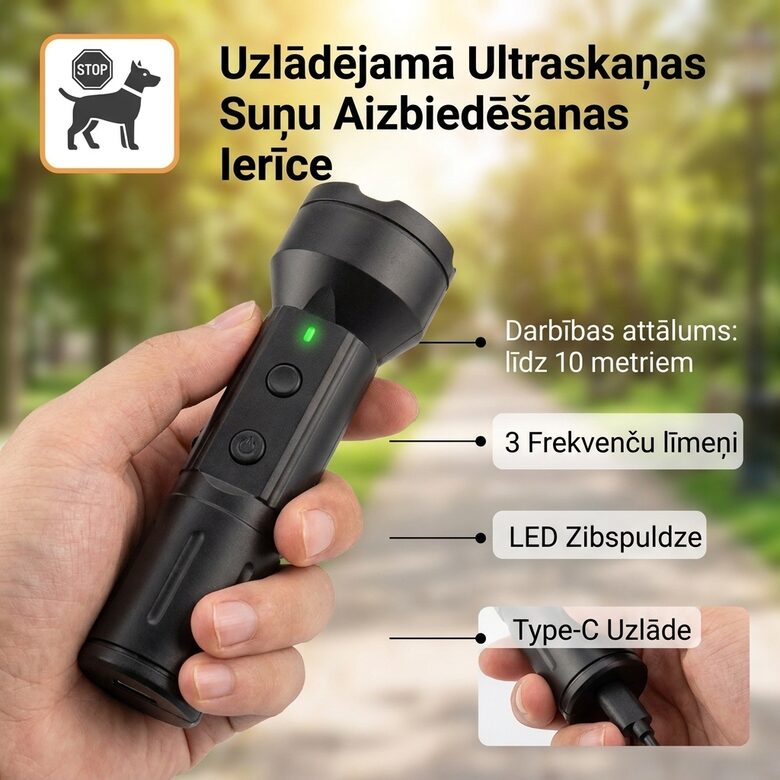 Uzlādējams ultraskaņas suņu atbaidītājs Type-C, 3 frekvences, līdz 10m