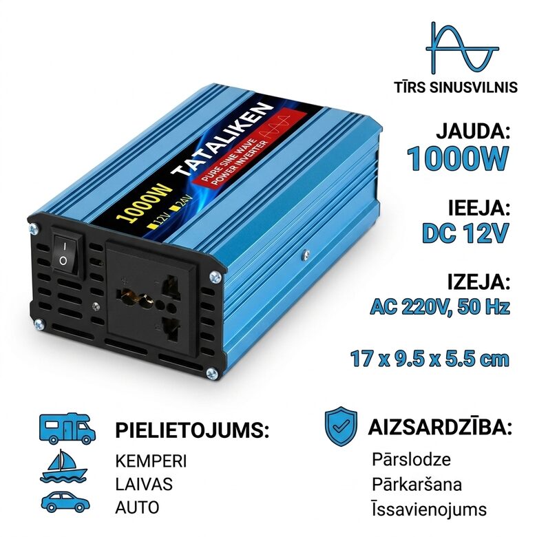 12V 1000W Tīrā Sīnusa Invertors 220V ar Universālo Rozeti
