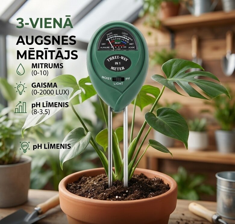 Augsnes pH līmeņa, augsnes mitruma un gaismas intensitātes mērītājs - 3 in 1