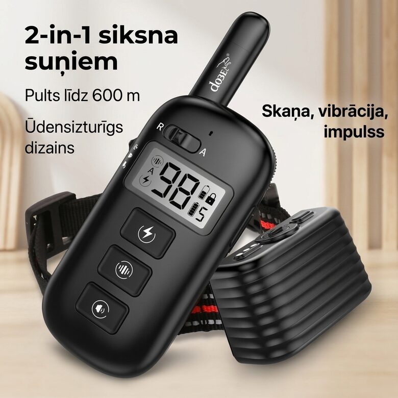 Uzlādējama 2-in-1 pretriešanas apkakle suņiem un apmācības siksna ar pulti, Ūdensizturīga, Darbības rādiuss 600 m