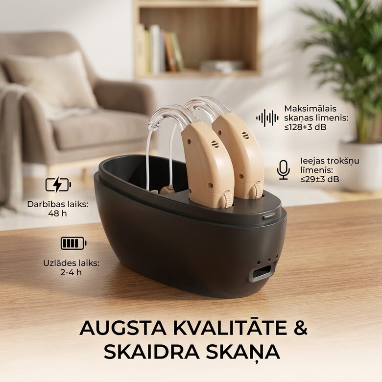 Aizauss liekams Dzirdes aparāts abām ausīm, lādējams dzirdes pastiprinātājs