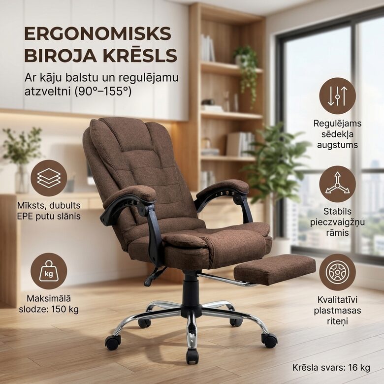 Ergonomisks auduma biroja krēsls ar regulējamu atzveltni un mīkstu polsterējumu, brūns datorkrēsls 150 kg