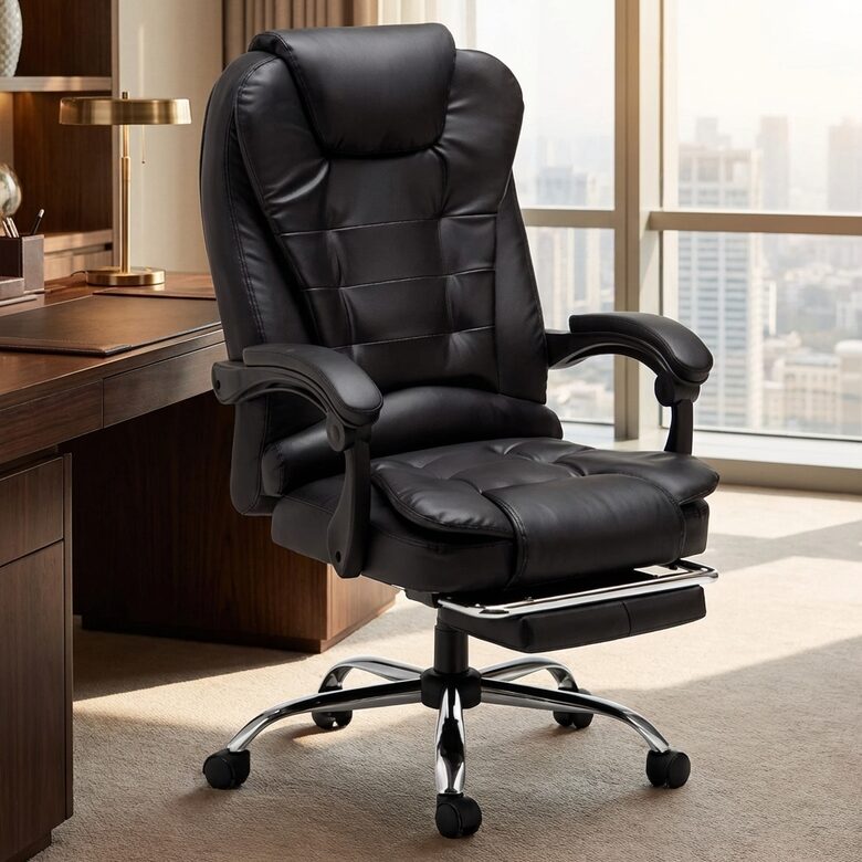 Ofisa krēsls ar kāju balstu, melns datorkrēsls