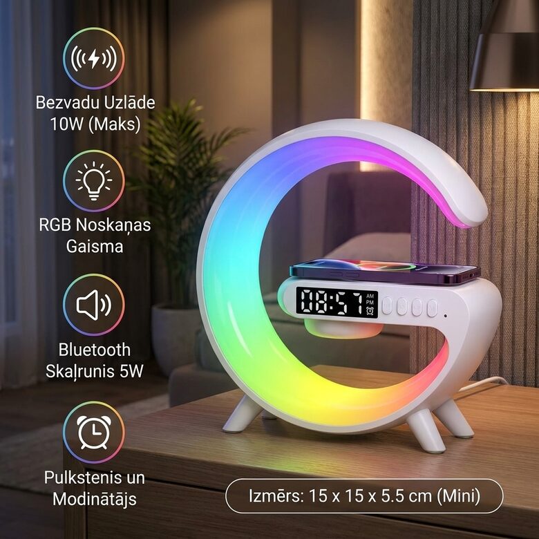 Modinātājs ar bezvadu lādēšanu 15W un Bluetooth skaļruni, LED