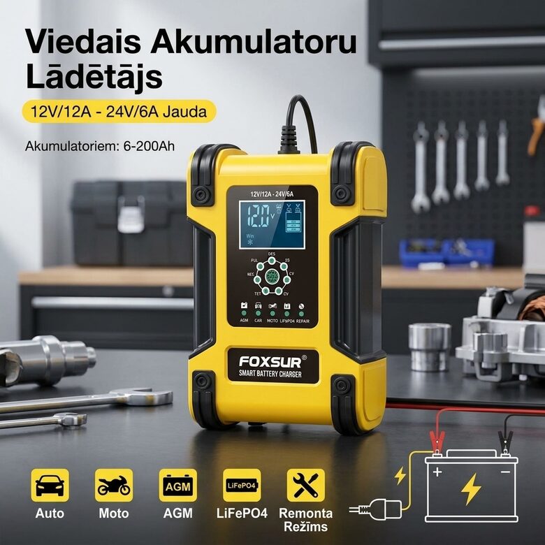 Akumulatoru lādētājs 12/24v 12A, Visu veidu akumulatoriem (skābes, želejas ), pilnībā automātisks