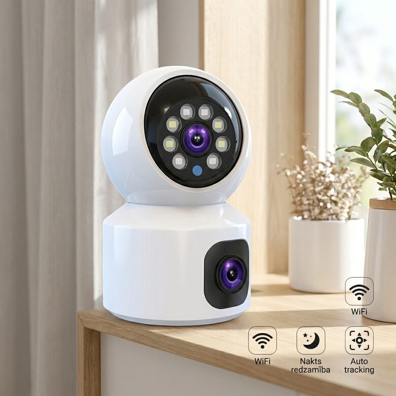 Wifi videonovērošanas kamera iekštelpām ar 2 objektīviem (ieraksts, AUTO TRACKING, nakts redzamība)