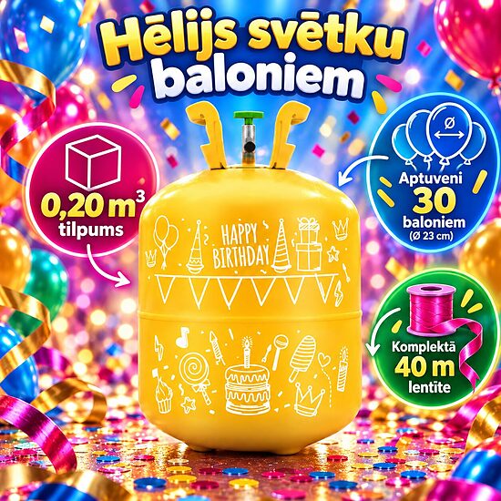 Hēlija pudele 0,20 m³ ar 30 baloniem un 40 m lentīti