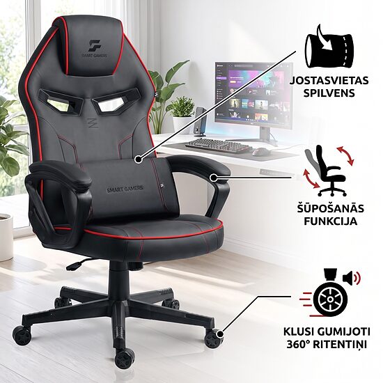 Melns ergonomisks gaming datorkrēsls ar jostasvietas spilvenu līdz 120 kg