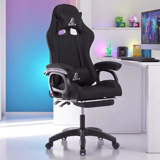 Ergonomisks spēļu un biroja krēsls ar masāžas funkciju, regulējamu atzveltni un eko ādas/auduma apdari, melns – līdz 150 kg