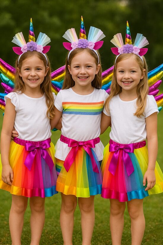 Vienradža kostīms bērniem – varavīksnes svārki, spīdīgi spārni un stīpiņa ar ragu, maģisks tērpu komplekts karnevālam
