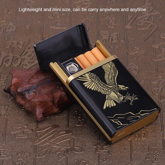 Portatīvā cigarešu kastīte + šķiltavas - divi vienā, lādējamas no USB, ar ērgļa dizainu