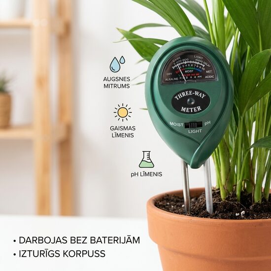 Augsnes pH līmeņa, augsnes mitruma un gaismas intensitātes mērītājs - 3 in 1