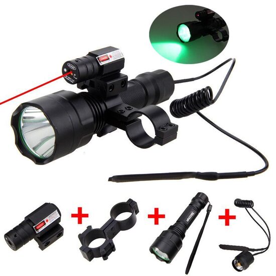 Medību LED lukturis zaļā krāsā ar sarkanu lāzer tēmekli, kronšteinu, distances slēdzi, komplekts, 5000LM T6 LED