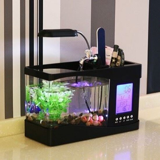 LED spīdošais akvārijs zivīm, ar pulksteni, kalendāru, ūdens sūkni, lukturi un LCD ekrānu