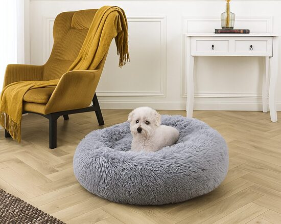 Mīksta plīša guļvieta suņiem un kaķiem ar augstām malām – pelēka, Ø60 cm
