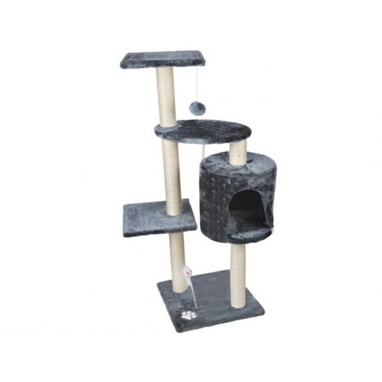 Kaķu māja ar pelīti, virvi un nagu asināmo, pelēka 40 x 40 x 110 cm