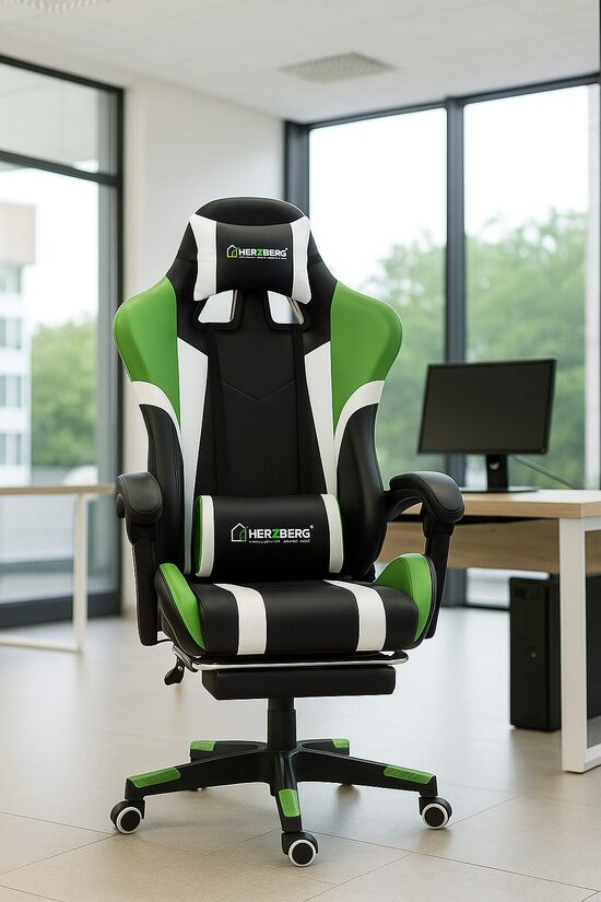 Regulējams Gaming un Biroja Krēsls ar Kāju Balstu, zaļš ar melnu datorkrēsls