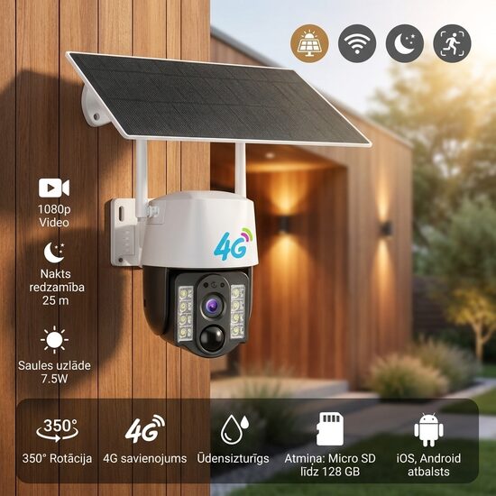 4G Video novērošanas kamera ar Sim karti (Saules panelis, Akumulators, Auto Tracking, ieraksts dienā/naktī, skaņa, online video telefonā)