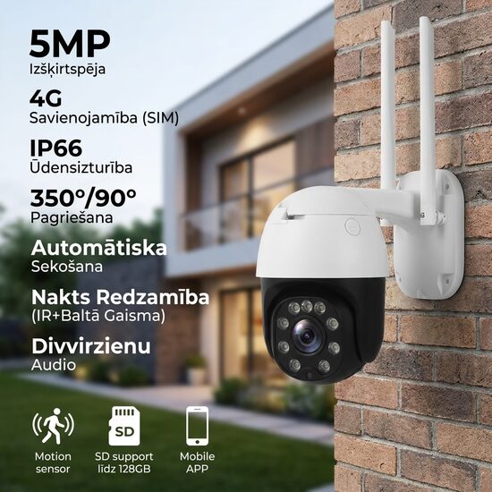 5x Zoom, 4G Video novērošanas kamera ar sim karti (5MP kamera, vadāma no telefona, nakts redzmība, ieraksts, skaņa)
