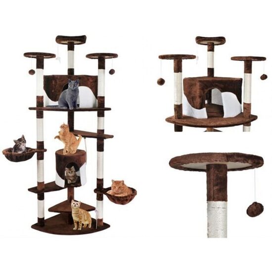 Kaķu māja ar torņiem, bumbiņām un mīkstu materiālu, tumši brūna, 200cm