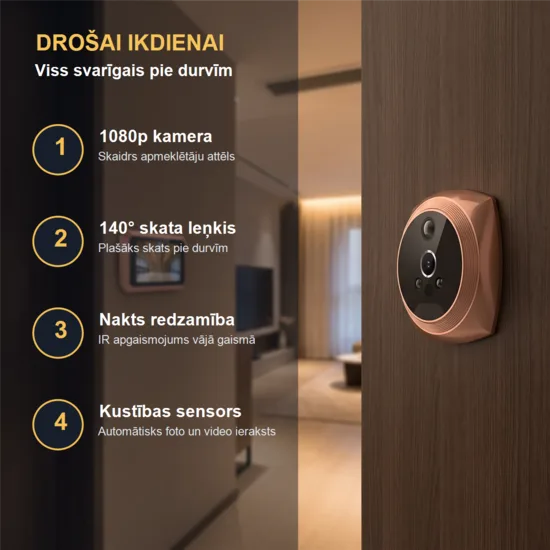 Durvju actiņa ar ierakstu, 4,1 collu monitors, durvju zvans (Foto un video ieraksta kustību)