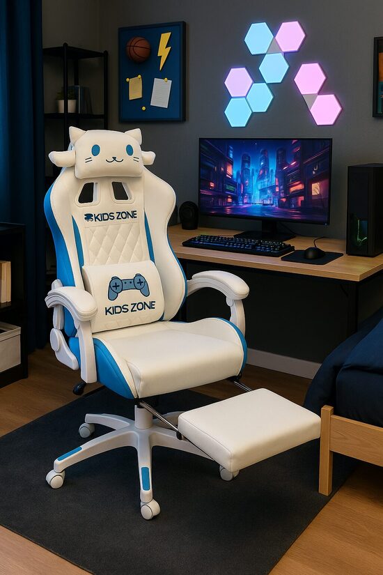 Jauniešu un bērnu Datorkrēsls ar masāžu, zils ar baltu