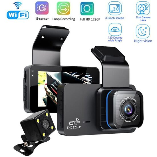 Platleņķa FHD Auto videoreģistrators ar G-sensoru, WiFi un Atpakaļskata Kameru – 140° Skata Leņķis, 5MP, GPS