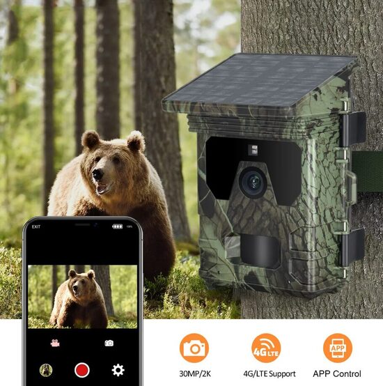 4G online Mednieku / meža kamera ar saules paneli (online video,30MP, foto, ieraksts caur app uz telefonu)