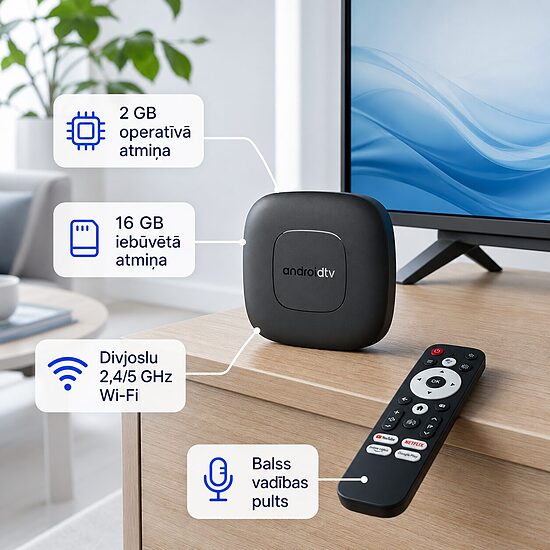 Android TV uztvērējs ar balss tālvadības pulti, 2 GB + 16 GB