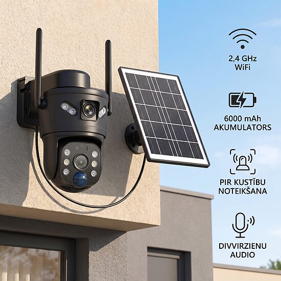 Āra WiFi saules paneļa novērošanas kamera ar divām lēcām, 8MP