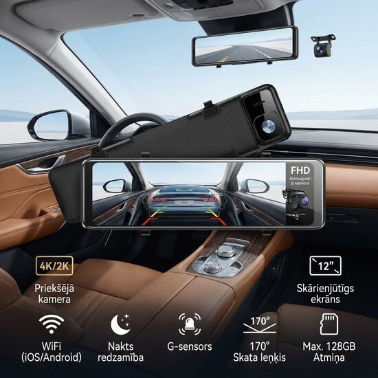 Video Reģistrators Spogulis 12 collas, GPS, Wifi 4K, 2 kameras (3840*2160P)