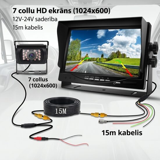 KOMPLEKTS: Monitors 7'', 12/24V + Auto atpakaļskata kamera (15m vads, ar nakts redzamību, ūdens izturīga)