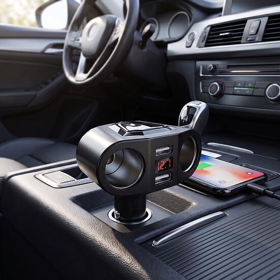 Auto piepīpētāja sadalītājs 2x ligzdas 2x USB lādētājs ar voltmetru 12V 3A