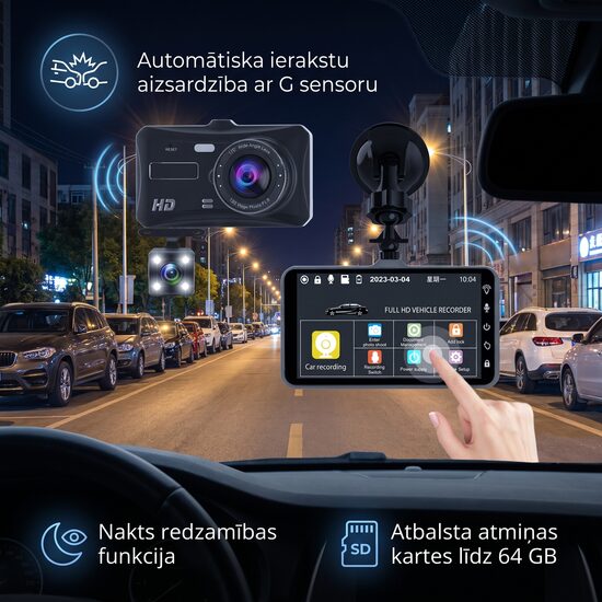 Acceo 3-5 collu IPS ekrāns Auto DVR kamera ar 170° skata leņķi, 1920x1080 izšķirtspēju, divām kamerām, nakts redzamību un Ūdensizturību