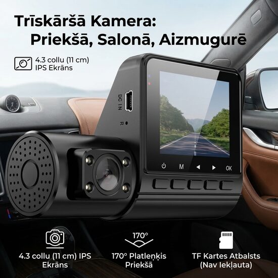 Trīskameru auto reģistrators ar nakts redzamību, atpakaļskata kameru un salona uzraudzību – C50 Dash Cam
