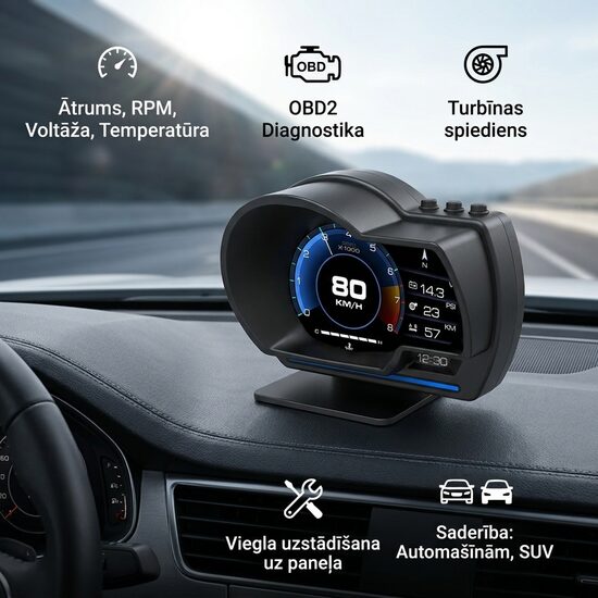 HUD OBD2 Displejs Auto Diagnostikai ar GPS Spidometru