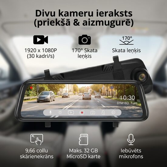 Video reģistrators spougulis HD ar atpakaļskata kameru 10'' 1080P Dual Lens, FULL SCREEN