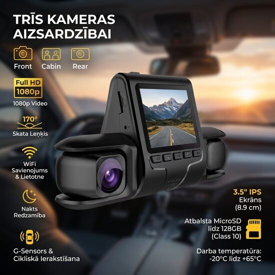 3 kameru auto videoreģistrators ar WiFi,