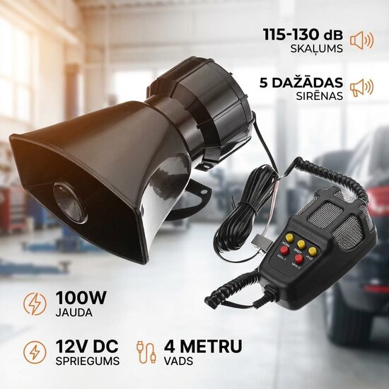 Automašīnas/motocikla brīdinājuma sirēna-skaļrunis, ļoti skaļa 115-130 (DB) (5 dažādas skaņas), 100W, ar pulti