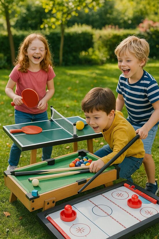 3-in-1 spēļu galds bērniem un pieaugušajiem – biljards, galda teniss, gaisa hokejs 52,5 x 32,5 x 10,5 cm