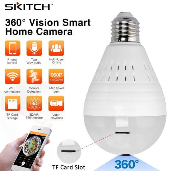 Bezvadu WIFI IP kamera-spuldze, e27 lampa, ar kustības sensoru, nakts redzamību, 360 ° grādu lenķis, HD 960P, videonovērošanas kamera