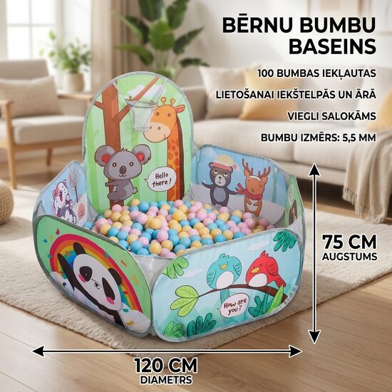 Bērnu bumbu baseins manēža 120 cm ar 100 krāsainām bumbām
