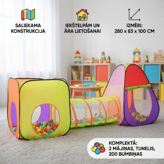 Bērnu Telts ar tuneli, mājiņu un 200 bumbām